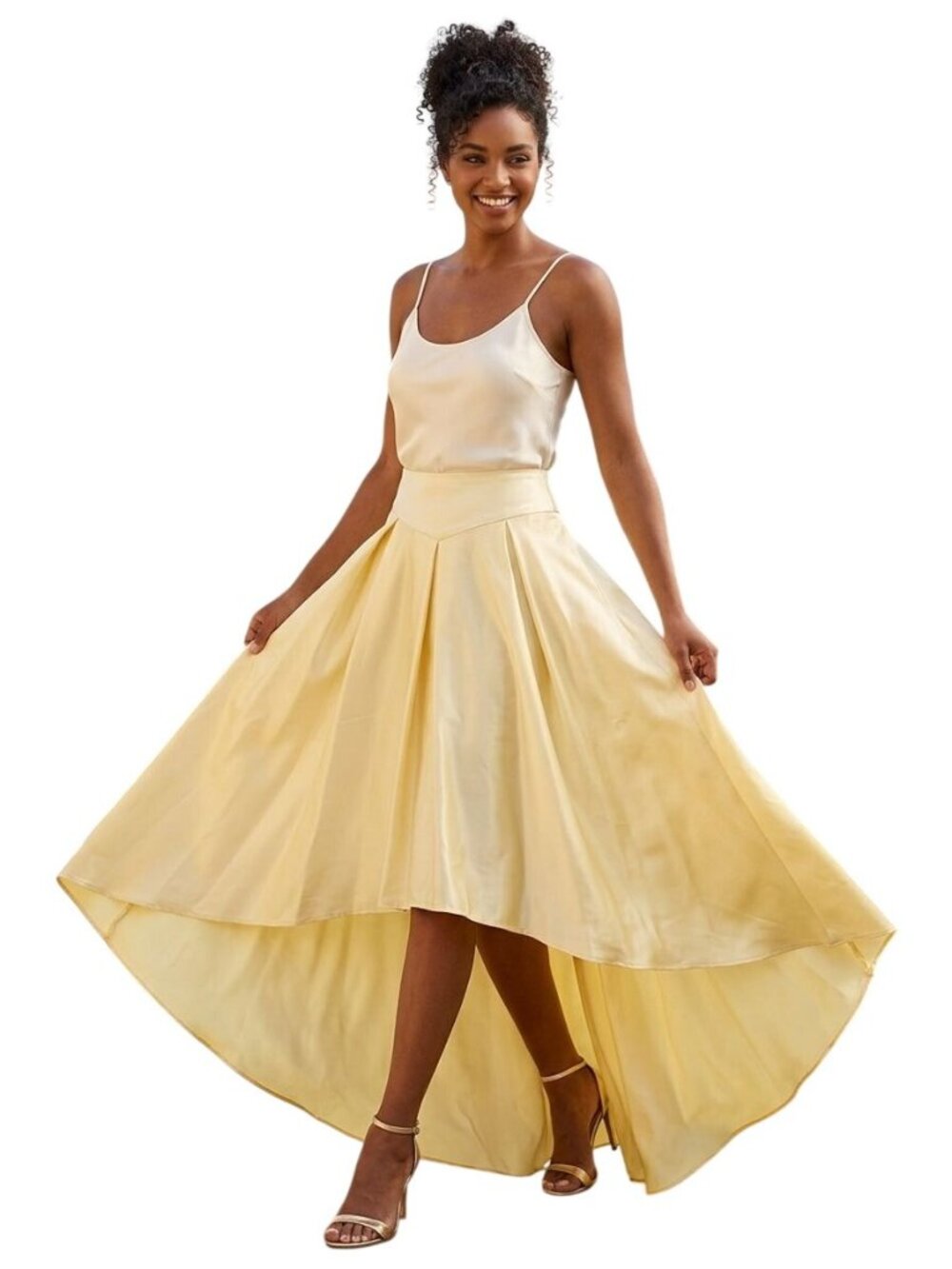 Butter Yellow Satin High Low Full Pleated Maxi Skirt Wedding Formal Size 14
